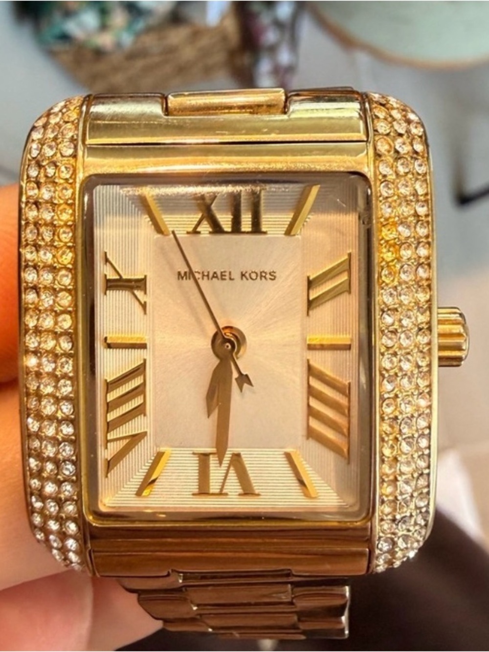 Michael Kors Gold Tone Crystal Accent Rectangular Bracelet Watch